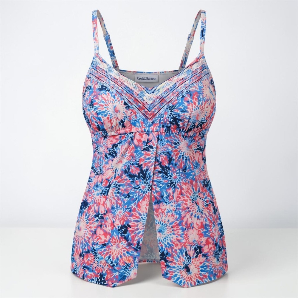 Croft & Barrow Womens Pink Blue Floral Flyaway Tankini Swim Top Size 14 - Picture 1 of 10